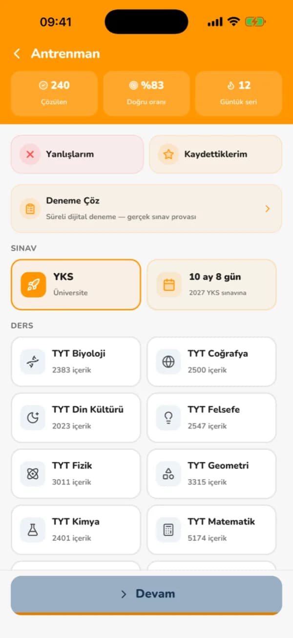 Efor uygulaması Antrenman ekranı: soru çözme, flash kart ve hap bilgi modları